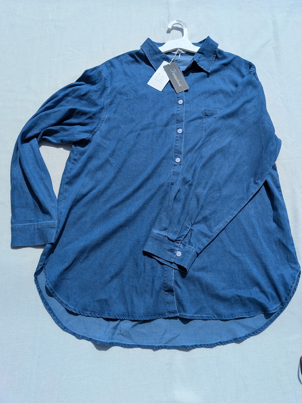 Fantaslook Blue Denim Button Down Shirt Long Sleeve Blouse Curved Hem XL